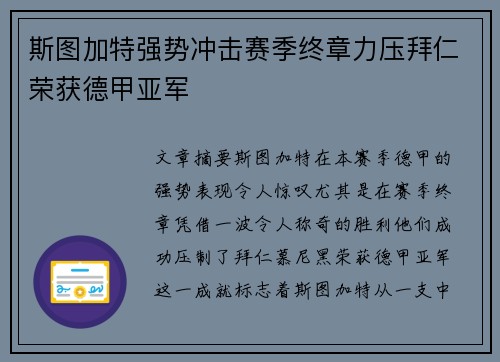 斯图加特强势冲击赛季终章力压拜仁荣获德甲亚军